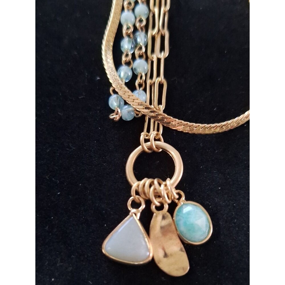 Gold Multi-Strand Layered Necklace with Aqua Beads